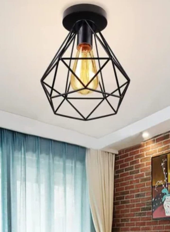 VRCT Industrial Vintage Semi Flush Mount Ceiling Light Edison Style Metal Diamond Metal Cage Hallway Ceiling Pendant Hanging Light for Bedroom Hallway Aisle Porch Black Bulb not Included - Image 5
